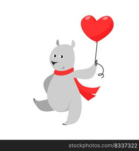 Cute grey bear in red scarf carrying heart shaped air balloon. Cartoon character, animal, holiday. Valentines day concept. Can be used for topics like dating, love, romance