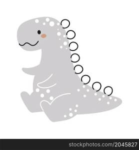 Cute grey dinosaur in scandinavian style. Funny cartoon dino for kids cards, baby shower, t-shirt, birthday invitation, house interior. Bohemian childish vector illustration.
