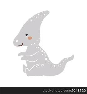 Cute grey dinosaur in scandinavian style. Funny cartoon dino for kids cards, baby shower, t-shirt, birthday invitation, house interior. Bohemian childish vector illustration.