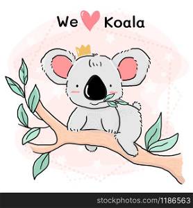 cute grey koala eat leave on branch tree, animal character drawing outline idea for greeting card, child, kid and nursery print