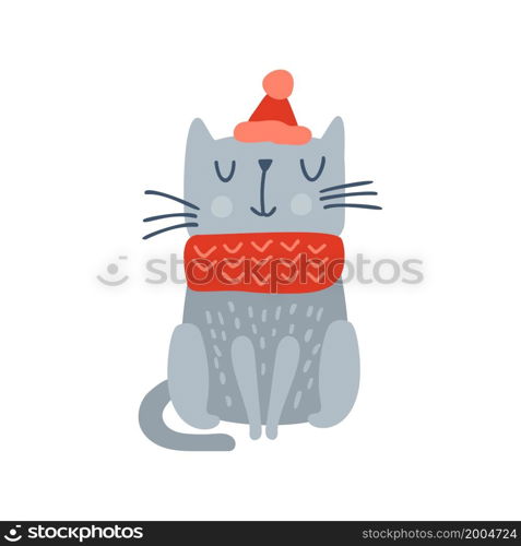 Cute grey vector santa cat with red Christmas hat and scarf on his head. Winter holiday isolated baby design. Flat scandinavian animal.. Cute grey vector santa cat with red Christmas hat and scarf on his head. Winter holiday isolated baby design. Flat scandinavian animal