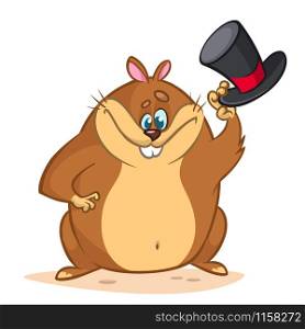 Cute groundhog cartoon with a mayor cylinder. Vector illustration for Groundhog Day