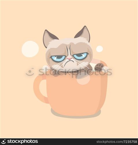 Cute grumpy cat sitting in big cup.