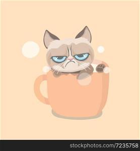 Cute grumpy cat sitting in big cup.