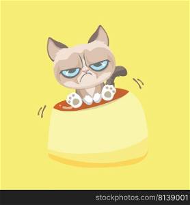 Cute grumpy cat sitting on pudding. 
