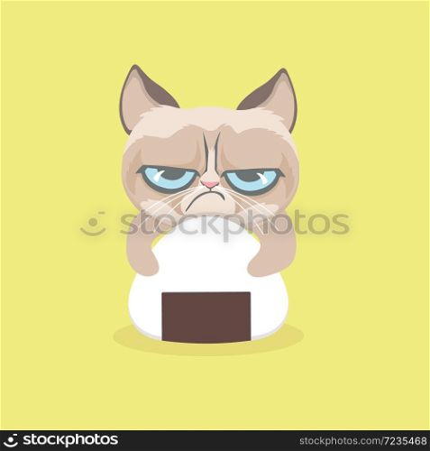 Cute grumpy cat with onigiri.
