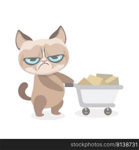 Cute grumpy cat with shopping cart. 