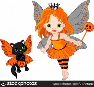 Cute Halloween baby fairy and cat