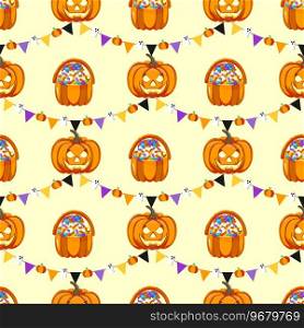 Cute Halloween background with a basket full of sweets, a jack o lantern and a garland bunting. Decor for Halloween celebration. For wallpaper, gift paper, fabric, holiday decoration, greeting cards.. Cute Halloween background with a basket sweets
