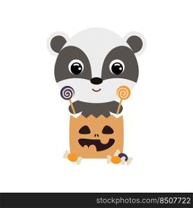 Cute Halloween badger sitting in a trick or treat bag with candies. Cartoon animal character for kids t-shirts, nursery decoration, baby shower, greeting card, invitation. Vector stock illustration