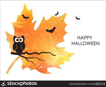 Cute halloween banner or card design. Small owl and bats on watercolor painted orange maple leaf background. Happy halloween card