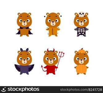 Cute Halloween bear set. Cartoon animal character collection for kids t-shirts, nursery decoration, baby shower, greeting card, invitation. Vector stock illustration
