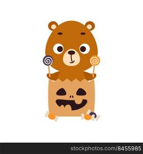 Cute Halloween bear sitting in a trick or treat bag with candies. Cartoon animal character for kids t-shirts, nursery decoration, baby shower, greeting card, invitation. Vector stock illustration