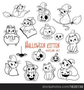 cute Halloween cat cartoon outline doodle set vector for colouring book