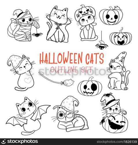 cute Halloween cat cartoon outline doodle set vector for colouring book