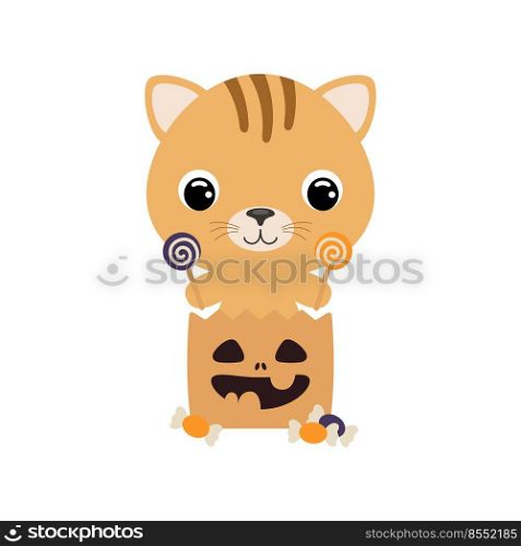Cute Halloween cat sitting in a trick or treat bag with candies. Cartoon animal character for kids t-shirts, nursery decoration, baby shower, greeting card, invitation. Vector stock illustration