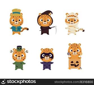 Cute Halloween cheetah set. Cartoon animal character collection for kids t-shirts, nursery decoration, baby shower, greeting card, invitation. Vector stock illustration