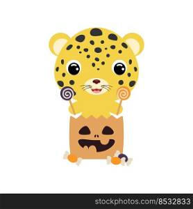 Cute Halloween cheetah sitting in a trick or treat bag with candies. Cartoon animal character for kids t-shirts, nursery decoration, baby shower, greeting card, invitation. Vector stock illustration