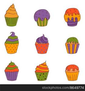 Cute halloween cupcakes. Halloween elements. Trick or treat concept. Vector illustration in hand drawn style.. Cute halloween cupcakes. Halloween elements. Trick or treat concept. Vector illustration in hand drawn style