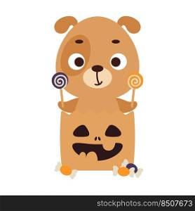 Cute Halloween dog sitting in a trick or treat bag with candies. Cartoon animal character for kids t-shirts, nursery decoration, baby shower, greeting card, invitation. Vector stock illustration