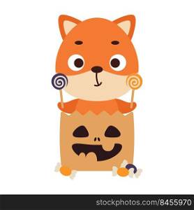 Cute Halloween fox sitting in a trick or treat bag with candies. Cartoon animal character for kids t-shirts, nursery decoration, baby shower, greeting card, invitation. Vector stock illustration