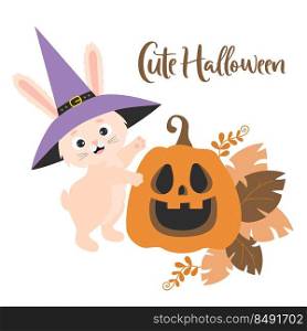 Cute Halloween. Funny rabbit in witchs hat with pumpkin Jack lantern. Vector illustration. Festive halloween bunny character for design, print, greeting cards, kids collection, decor