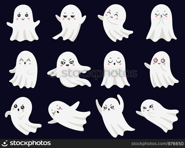 Cute halloween ghosts. Frightened funny ghost, curious spook and spooky devil smiling ghostly child character, boohoo emotion cartoon vector isolated icons illustration set. Cute halloween ghosts. Frightened funny ghost, curious spook and smiling ghostly character cartoon vector illustration