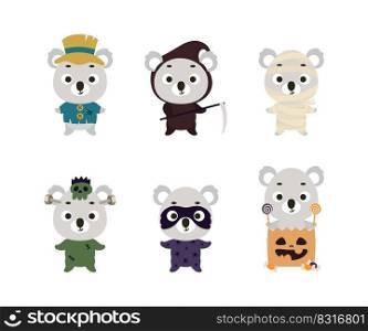 Cute Halloween koala set. Cartoon animal character collection for kids t-shirts, nursery decoration, baby shower, greeting card, invitation. Vector stock illustration
