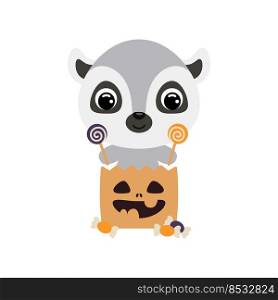 Cute Halloween lemur sitting in a trick or treat bag with candies. Cartoon animal character for kids t-shirts, nursery decoration, baby shower, greeting card, invitation. Vector stock illustration