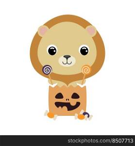 Cute Halloween lion sitting in a trick or treat bag with candies. Cartoon animal character for kids t-shirts, nursery decoration, baby shower, greeting card, invitation. Vector stock illustration
