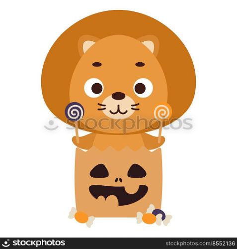 Cute Halloween lion sitting in a trick or treat bag with candies. Cartoon animal character for kids t-shirts, nursery decoration, baby shower, greeting card, invitation. Vector stock illustration