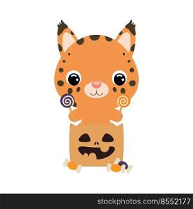 Cute Halloween lynx sitting in a trick or treat bag with candies. Cartoon animal character for kids t-shirts, nursery decoration, baby shower, greeting card, invitation. Vector stock illustration