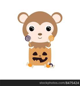 Cute Halloween monkey sitting in a trick or treat bag with candies. Cartoon animal character for kids t-shirts, nursery decoration, baby shower, greeting card, invitation. Vector stock illustration