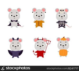 Cute Halloween mouse set. Cartoon animal character collection for kids t-shirts, nursery decoration, baby shower, greeting card, invitation. Vector stock illustration