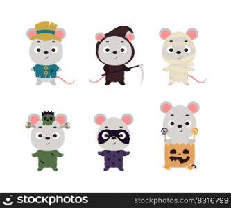 Cute Halloween mouse set. Cartoon animal character collection for kids t-shirts, nursery decoration, baby shower, greeting card, invitation. Vector stock illustration