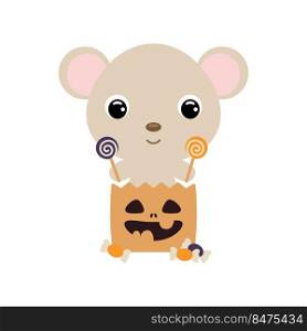 Cute Halloween mouse sitting in a trick or treat bag with candies. Cartoon animal character for kids t-shirts, nursery decoration, baby shower, greeting card, invitation. Vector stock illustration
