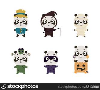 Cute Halloween panda set. Cartoon animal character collection for kids t-shirts, nursery decoration, baby shower, greeting card, invitation. Vector stock illustration