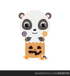 Cute Halloween panda sitting in a trick or treat bag with candies. Cartoon animal character for kids t-shirts, nursery decoration, baby shower, greeting card, invitation. Vector stock illustration