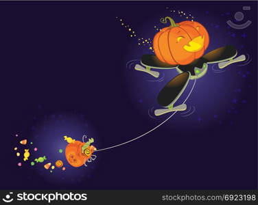 Cute Halloween Pumpkin Flying on a Drone and Collecting Sweets