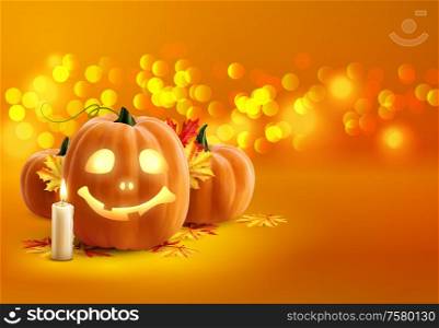 Cute halloween pumpkins with candles and yellow leaves on orange background realistic vector illustration