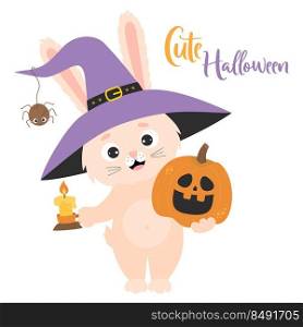 Cute Halloween. Rabbit character in witch hat with spider, with pumpkin Jack and candle. Vector illustration. Festive halloween bunny for design, print, greeting cards, decor, kids collection, cover