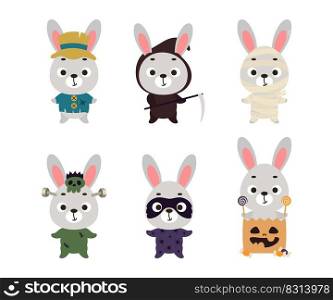 Cute Halloween rabbit set. Cartoon animal character collection for kids t-shirts, nursery decoration, baby shower, greeting card, invitation. Vector stock illustration