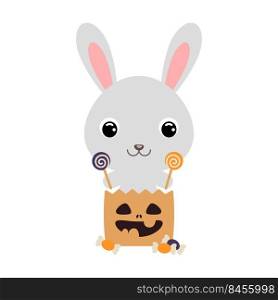 Cute Halloween rabbit sitting in a trick or treat bag with candies. Cartoon animal character for kids t-shirts, nursery decoration, baby shower, greeting card, invitation. Vector stock illustration