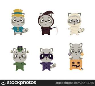 Cute Halloween raccoon set. Cartoon animal character collection for kids t-shirts, nursery decoration, baby shower, greeting card, invitation. Vector stock illustration