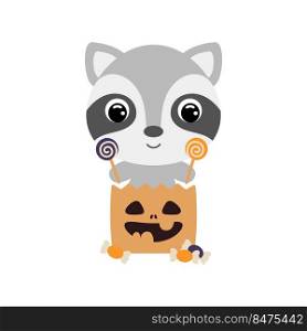 Cute Halloween raccoon sitting in a trick or treat bag with candies. Cartoon animal character for kids t-shirts, nursery decoration, baby shower, greeting card, invitation. Vector stock illustration