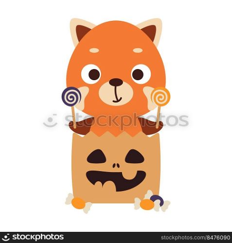 Cute Halloween red panda sitting in a trick or treat bag with candies. Cartoon animal character for kids t-shirts, nursery decoration, baby shower, greeting card, invitation. Vector stock illustration