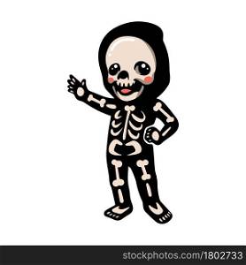 Cute halloween skeleton cartoon waving hand