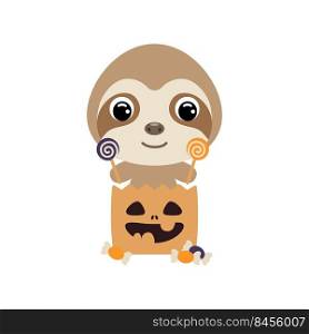 Cute Halloween sloth sitting in a trick or treat bag with candies. Cartoon animal character for kids t-shirts, nursery decoration, baby shower, greeting card, invitation. Vector stock illustration