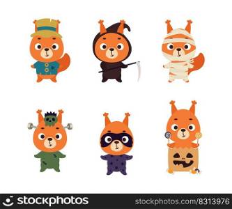 Cute Halloween squirrel set. Cartoon animal character collection for kids t-shirts, nursery decoration, baby shower, greeting card, invitation. Vector stock illustration