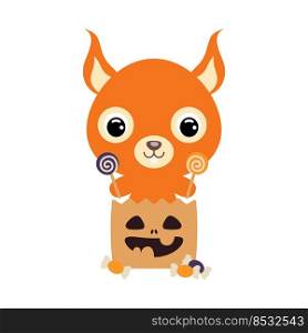 Cute Halloween squirrel sitting in a trick or treat bag with candies. Cartoon animal character for kids t-shirts, nursery decoration, baby shower, greeting card, invitation. Vector stock illustration